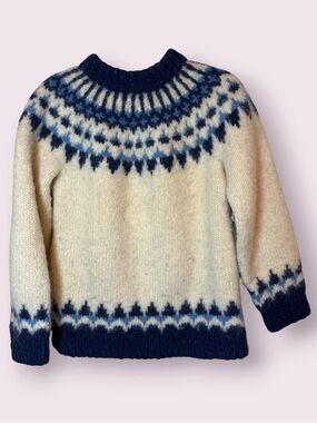Vintage Stobi Handknit Icelandic Wool Sweater Blue Cream Medium